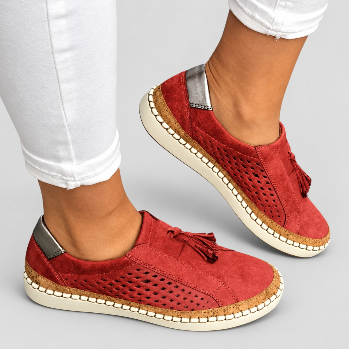 Women's Perforated Tassel Slip-On Trainers in Red — view 2