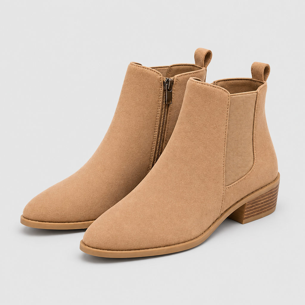 Women's Pointed Toe Chelsea Ankle Boots with Low Block Heel in Khaki — view 1