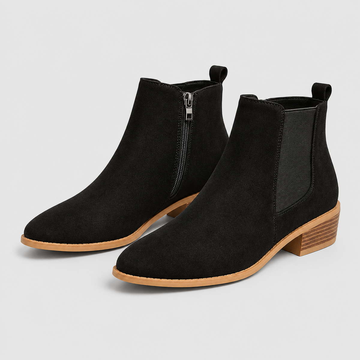 Women's Pointed Toe Chelsea Ankle Boots with Low Block Heel in Black — view 3