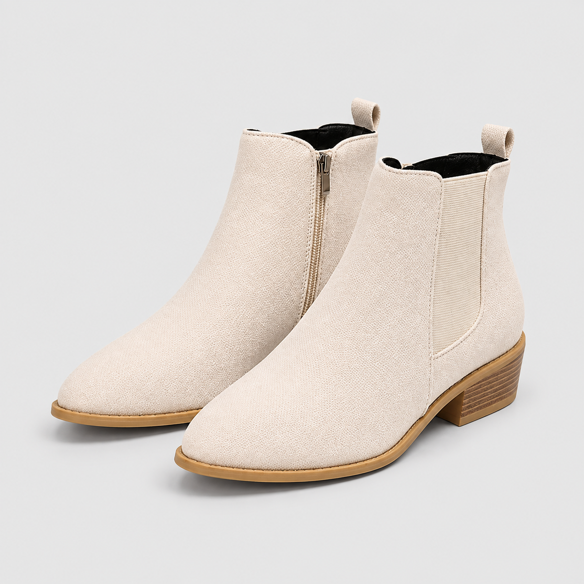 Women's Pointed Toe Chelsea Ankle Boots with Low Block Heel in Beige — view 5