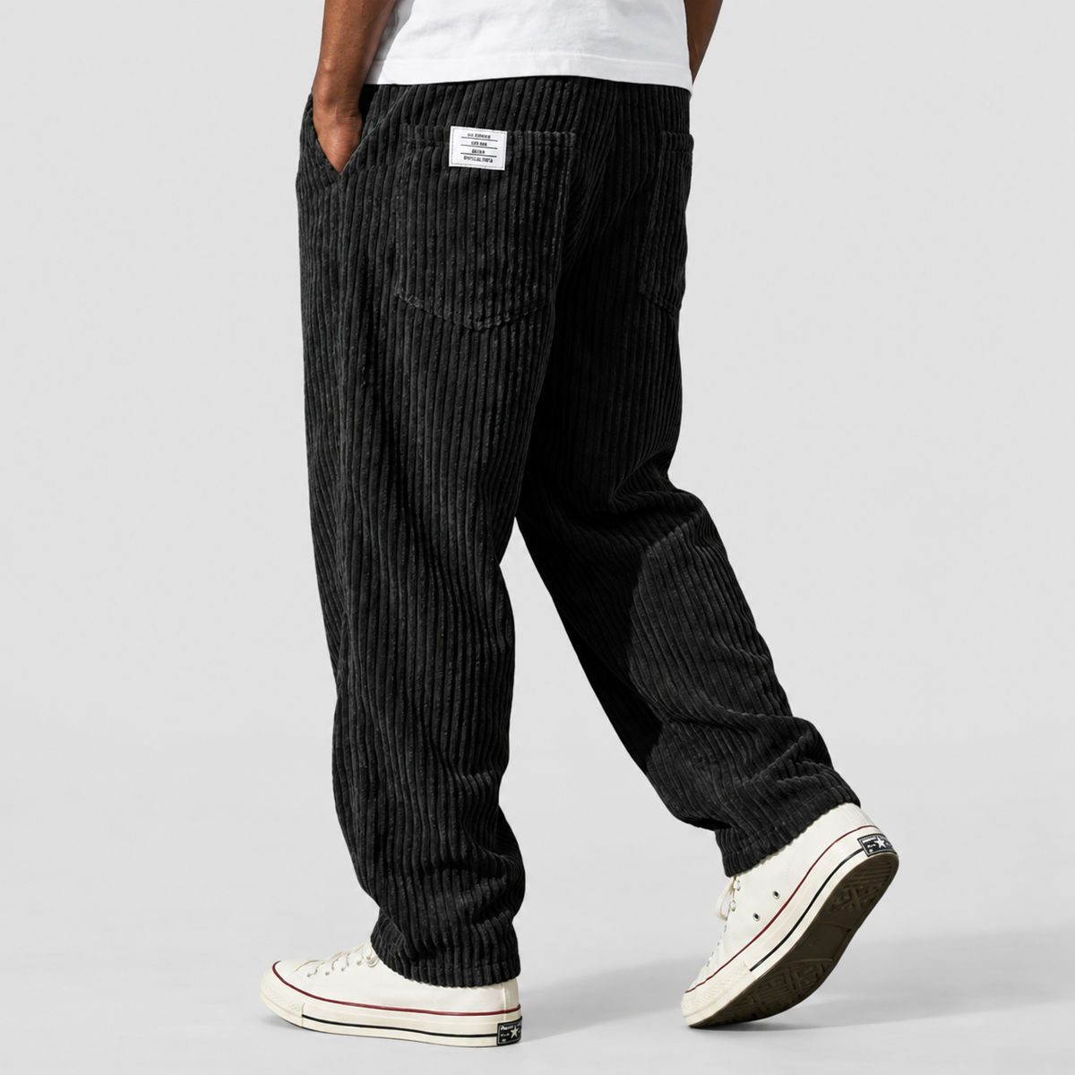 Men's Relaxed-Fit Ribbed Wide-Leg Trousers in Black — view 8
