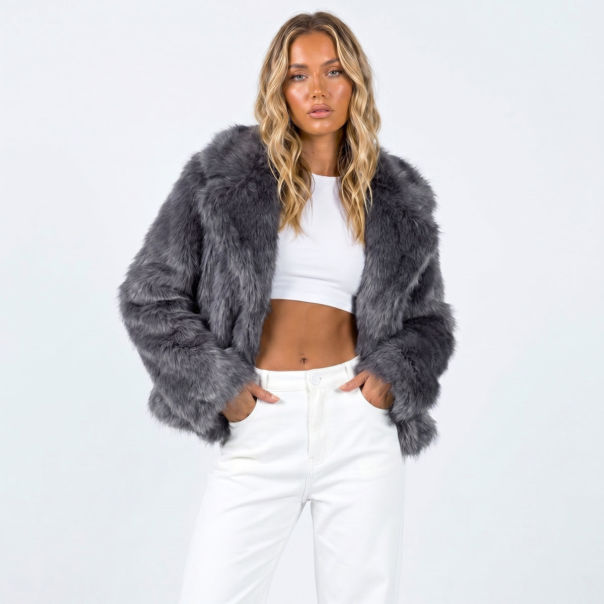 Kitty | Women's Cropped Faux Fur Jacket with Notch Collar