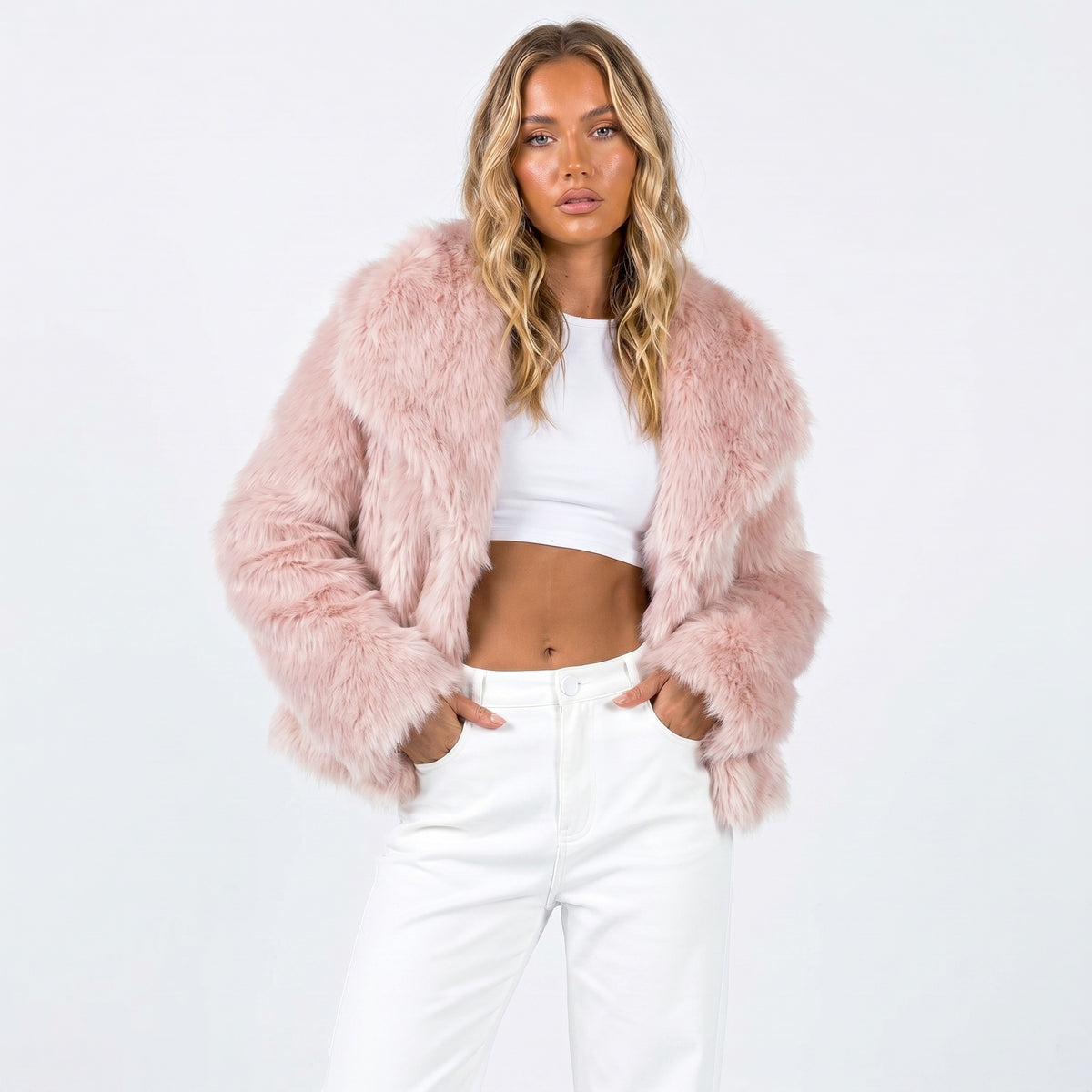 Kitty | Women's Cropped Faux Fur Jacket with Notch Collar