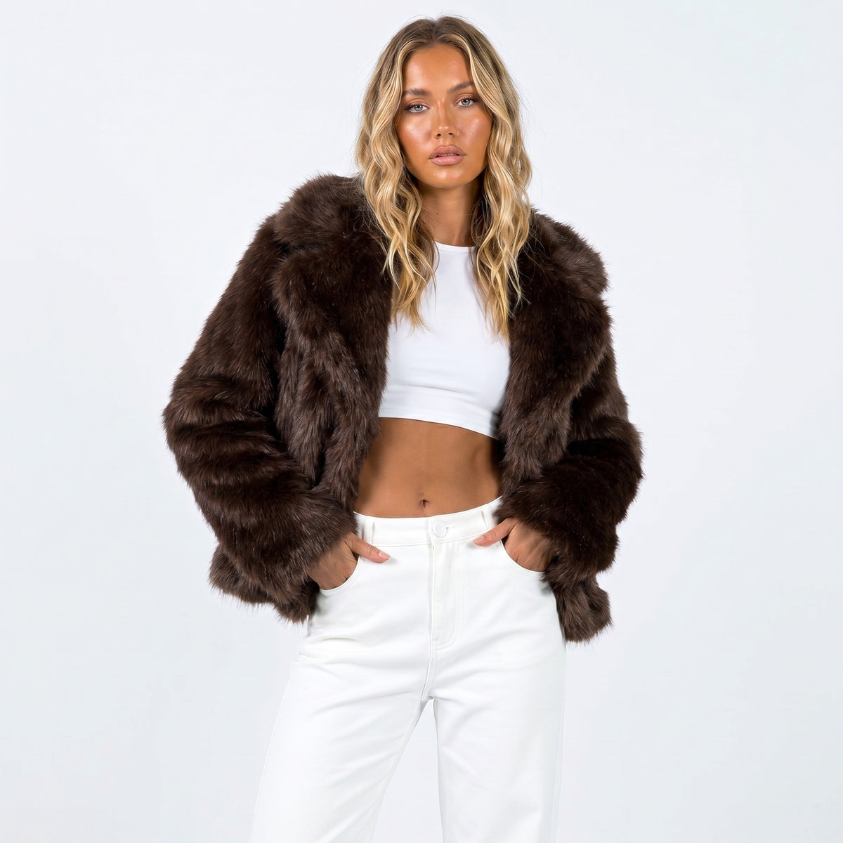 Kitty | Women's Cropped Faux Fur Jacket with Notch Collar