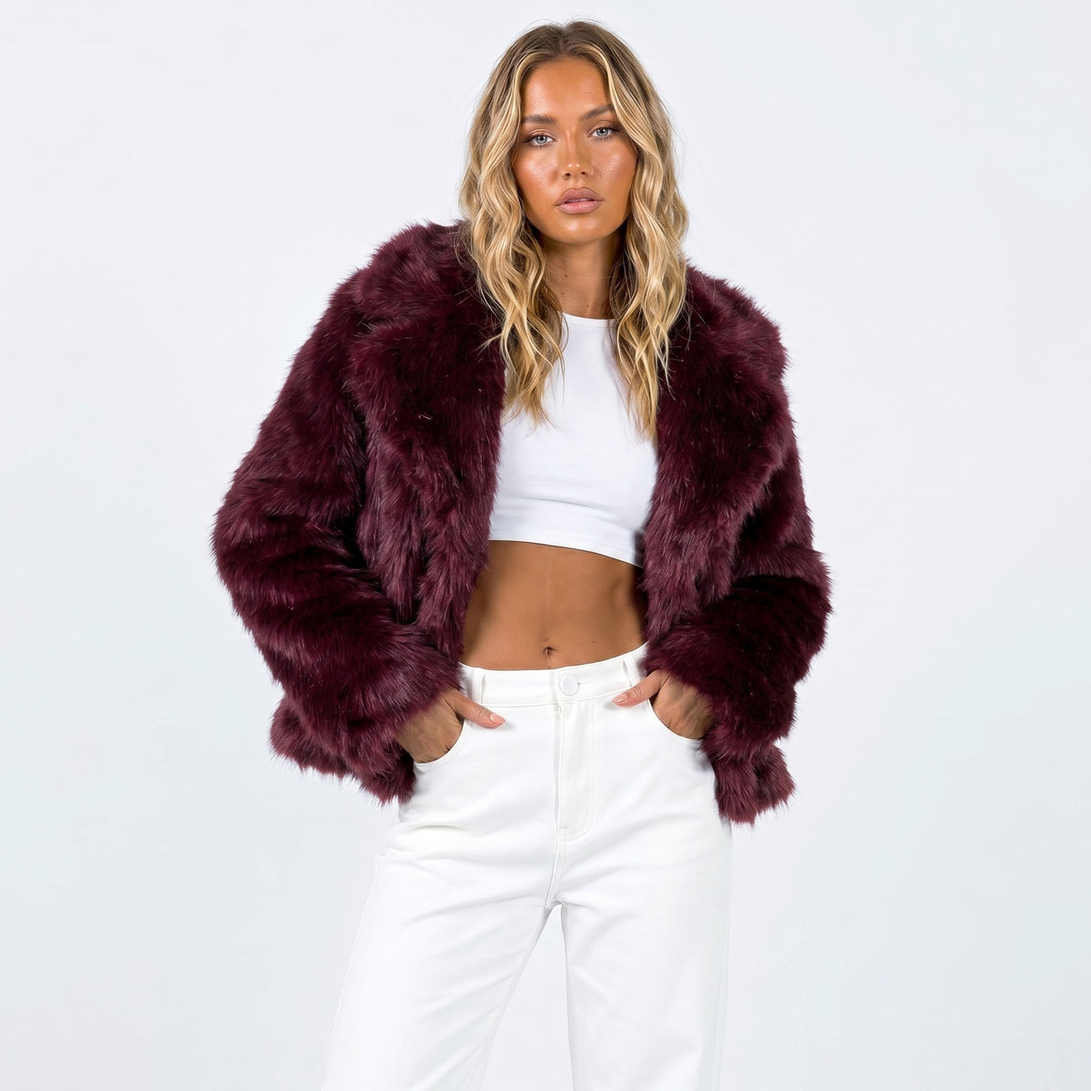 Kitty | Women's Cropped Faux Fur Jacket with Notch Collar