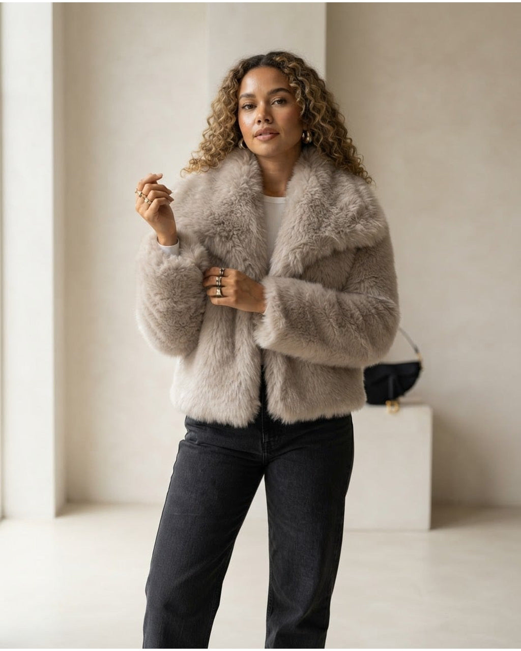 Evangeline | Women's Cropped Faux Fur Jacket with Shawl Collar