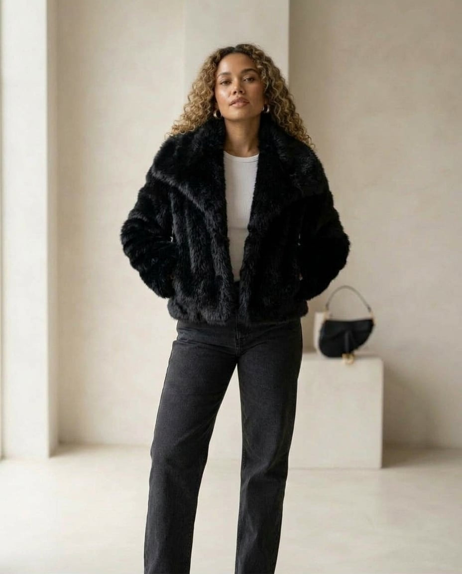 Evangeline | Women's Cropped Faux Fur Jacket with Shawl Collar