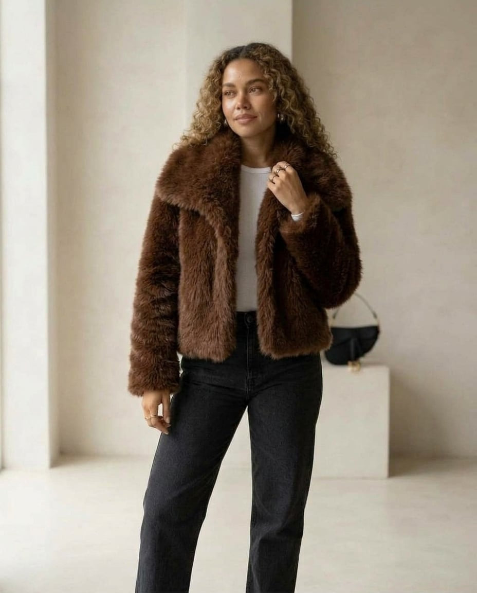 Evangeline | Women's Cropped Faux Fur Jacket with Shawl Collar