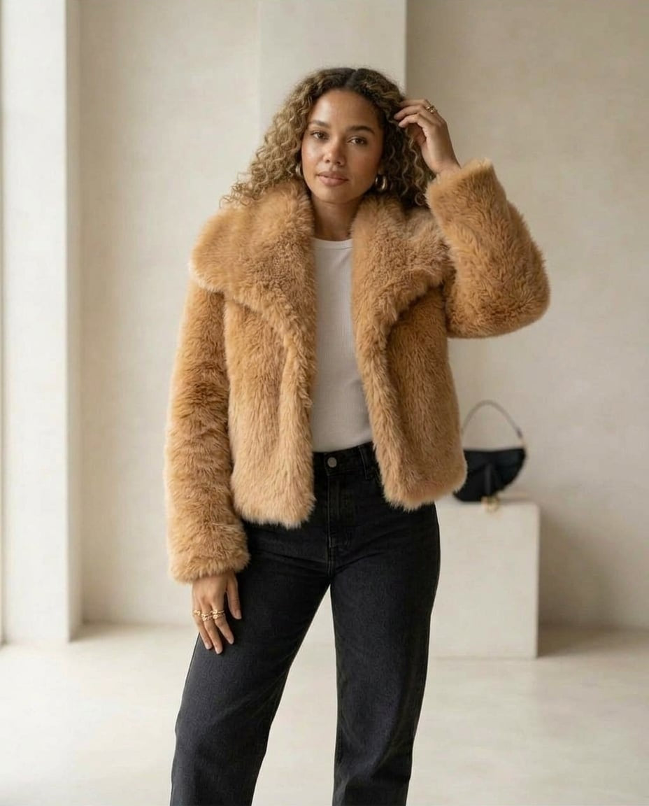 Evangeline | Women's Cropped Faux Fur Jacket with Shawl Collar