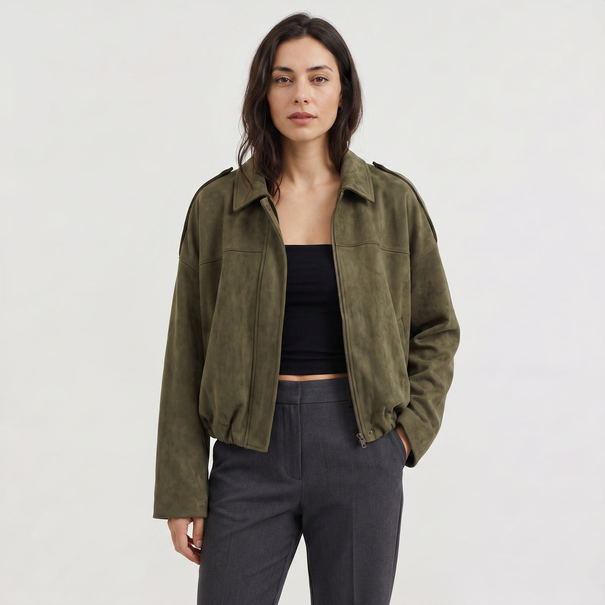 Celeste | Women's Faux Suede Bomber Jacket with Collar