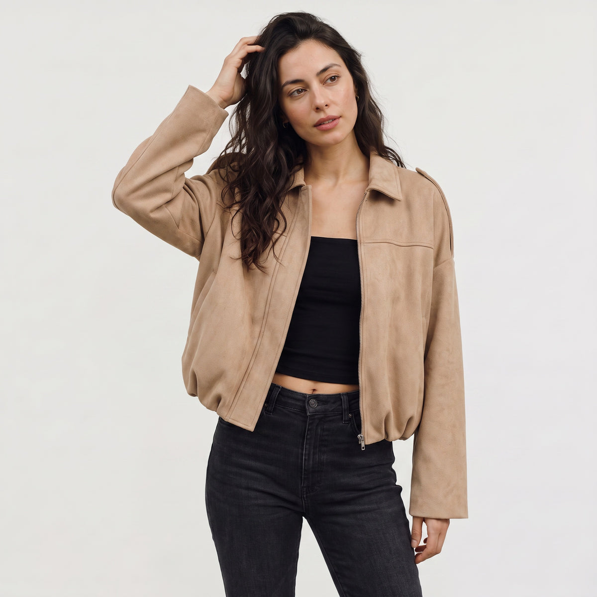 Celeste | Women's Faux Suede Bomber Jacket with Collar