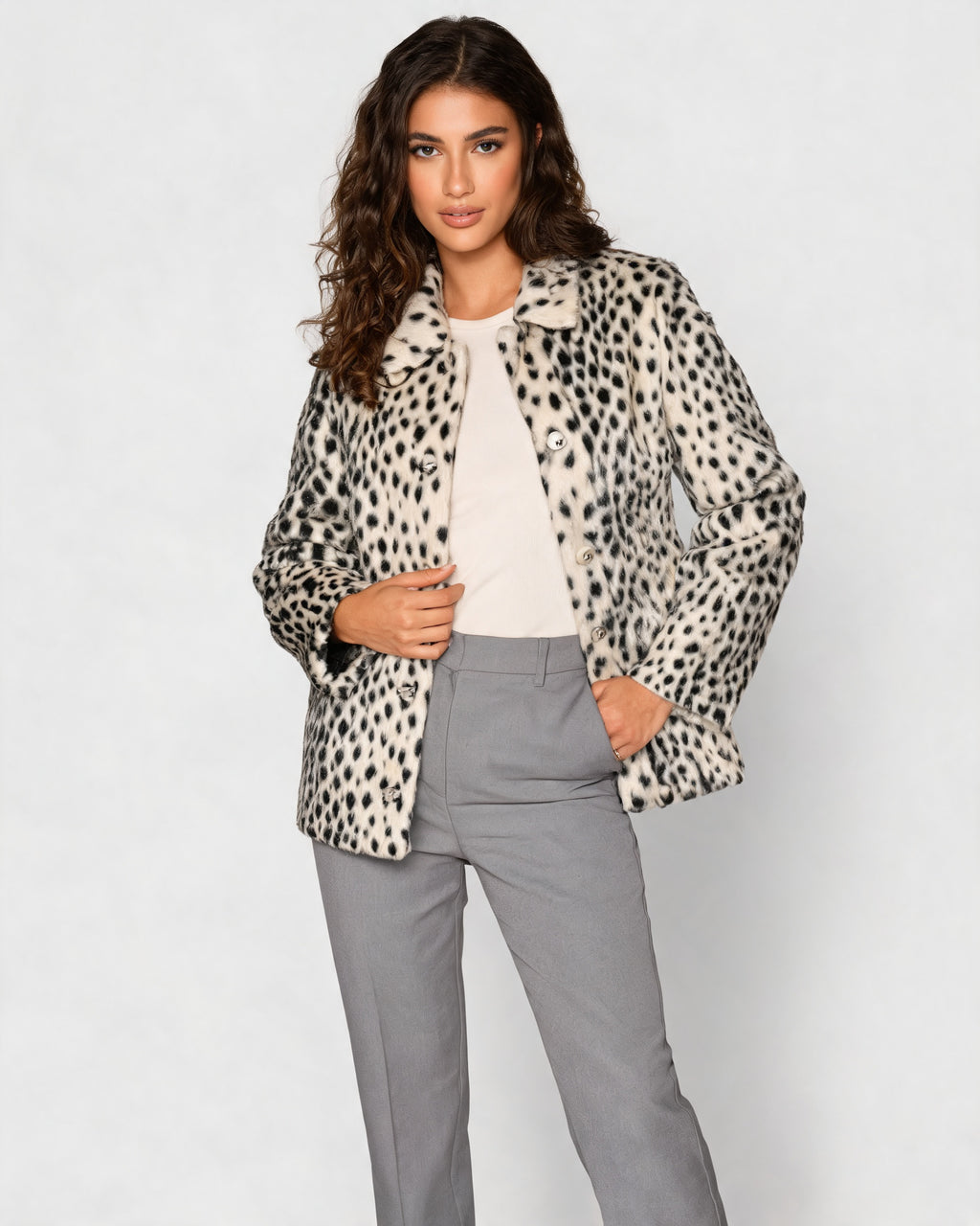 Nancy | Women's Leopard Faux Fur Jacket with Shirt Collar