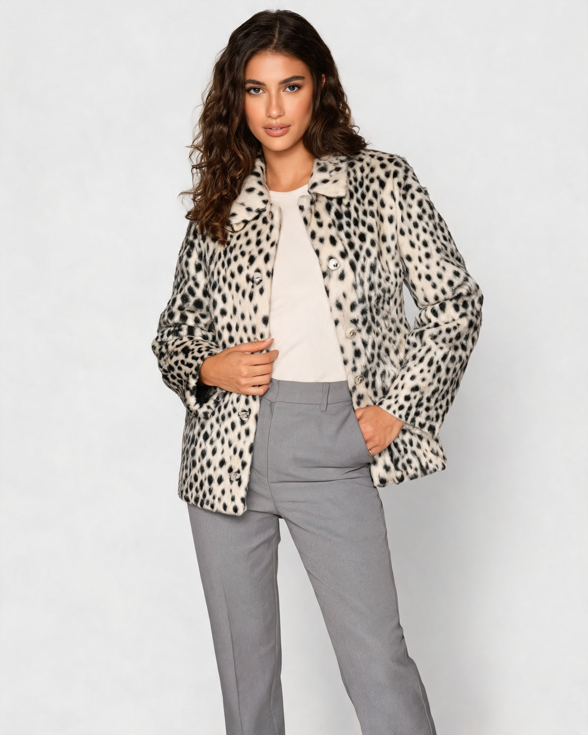 Nancy | Women's Leopard Faux Fur Jacket with Shirt Collar