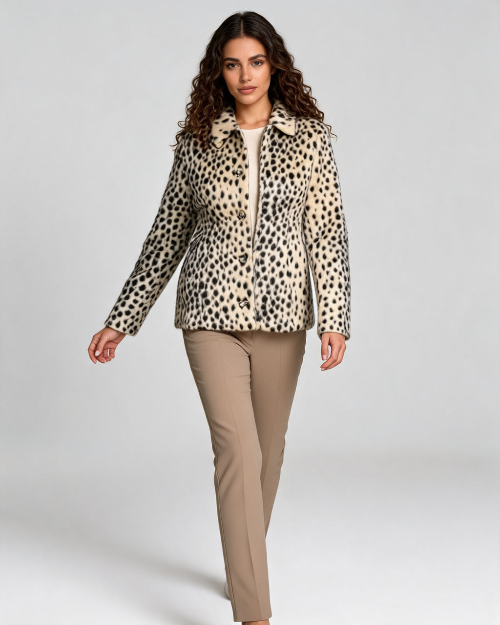 Nancy | Women's Leopard Faux Fur Jacket with Shirt Collar