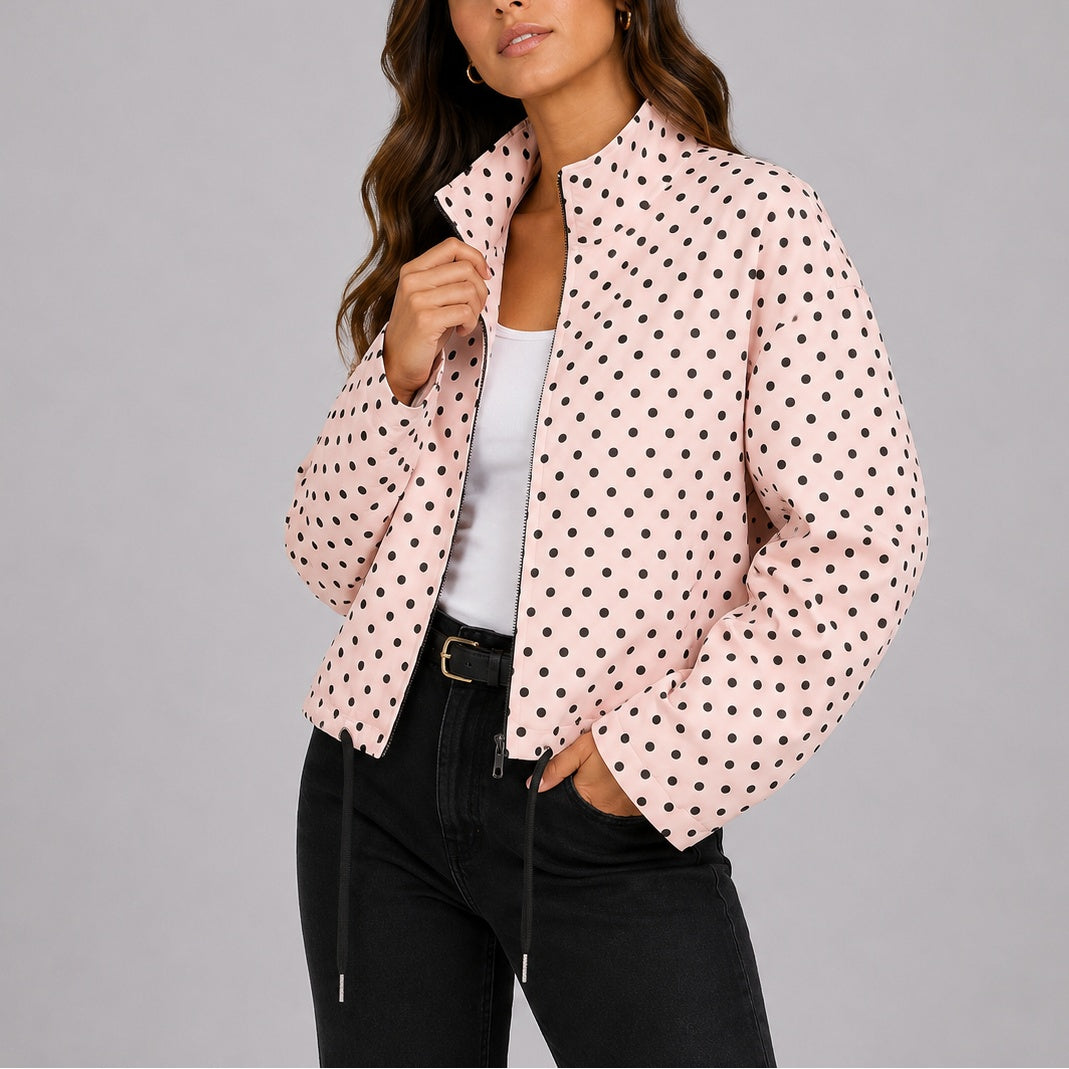 Edie | Women's Polka Dot Bomber Jacket with Drawstring Hem