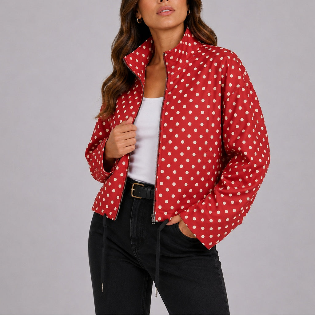 Edie | Women's Polka Dot Bomber Jacket with Drawstring Hem