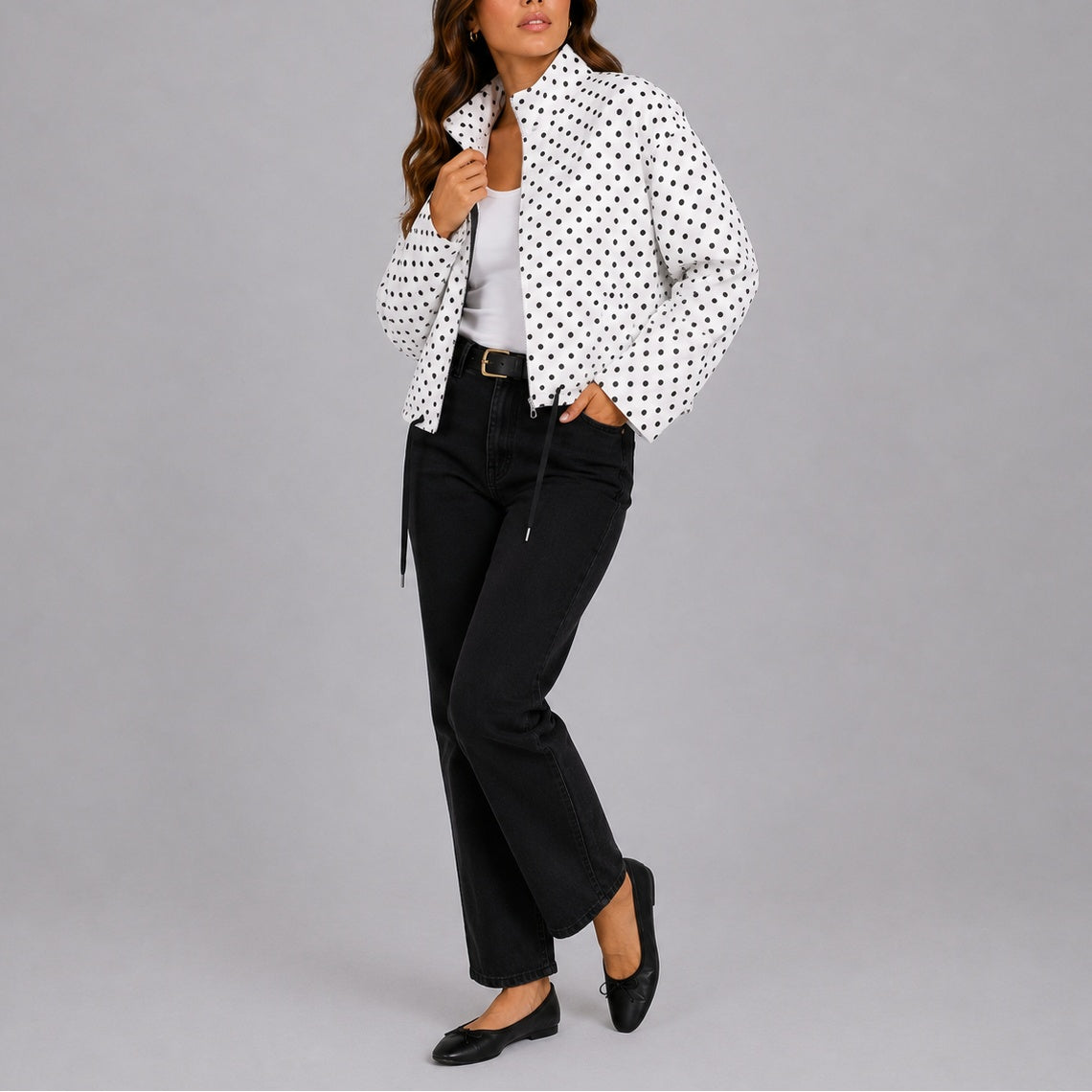 Edie | Women's Polka Dot Bomber Jacket with Drawstring Hem