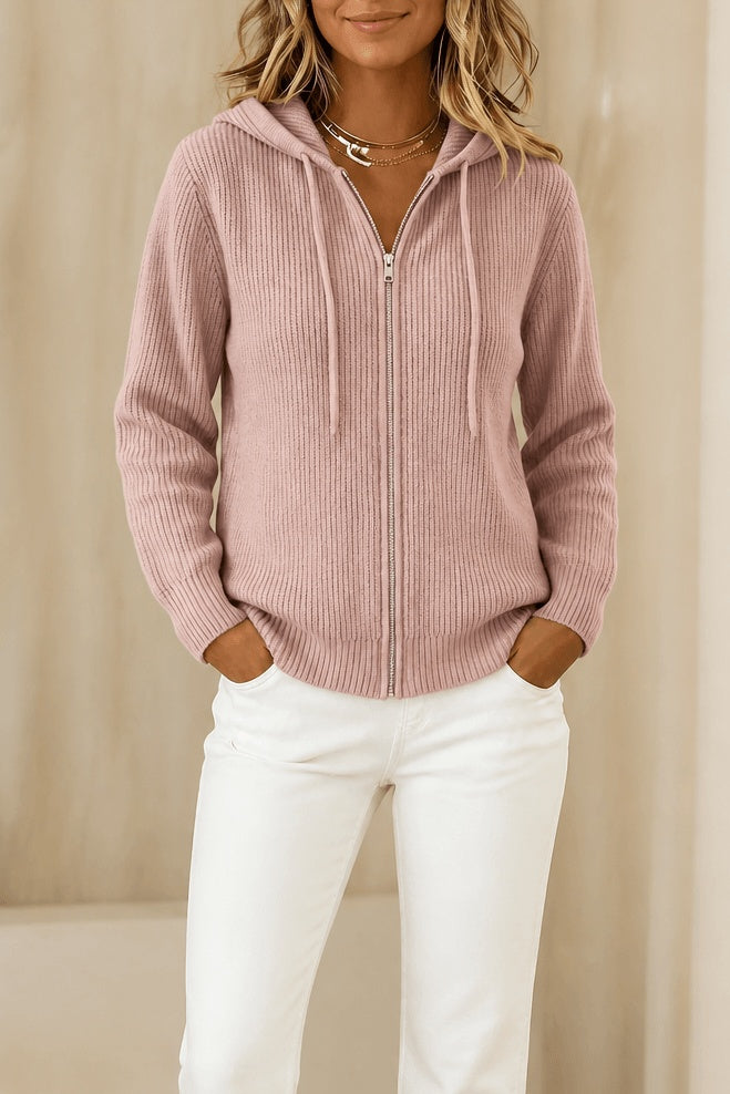 Hazel | Women's Ribbed Cardigan with Zip and Drawstring Hood