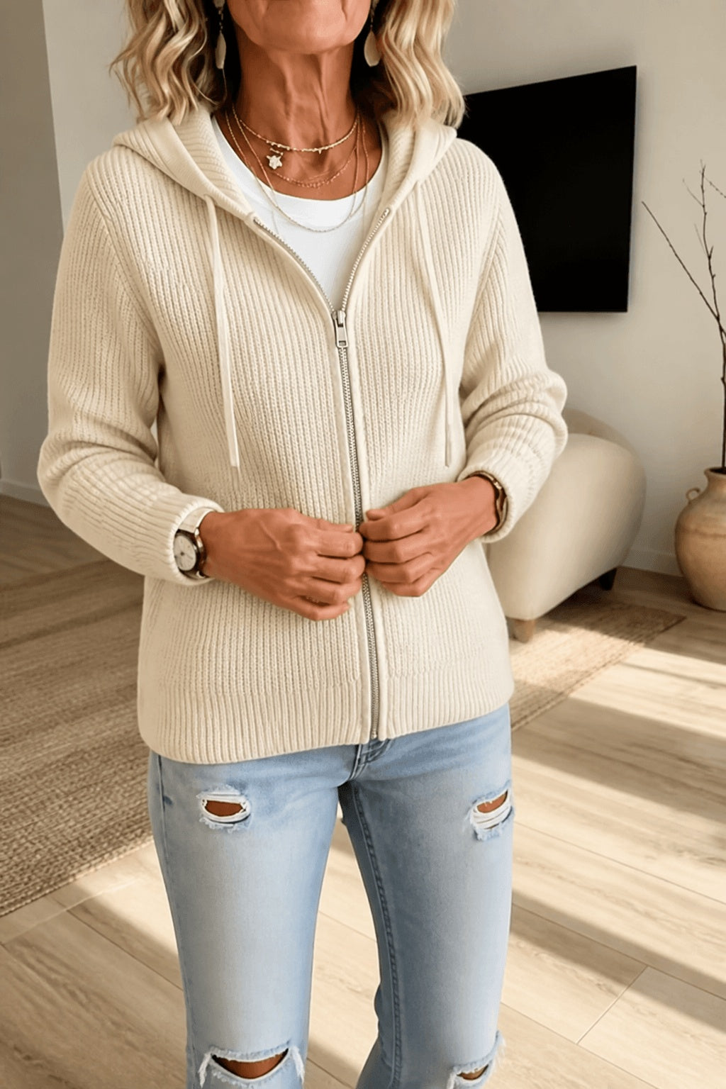 Hazel | Women's Ribbed Cardigan with Zip and Drawstring Hood