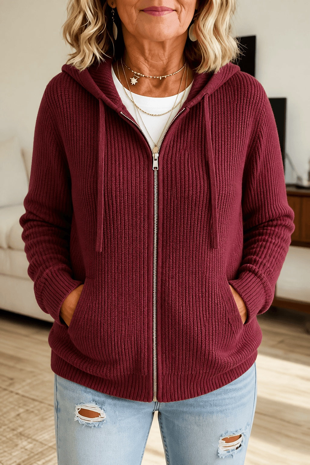 Hazel | Women's Ribbed Cardigan with Zip and Drawstring Hood
