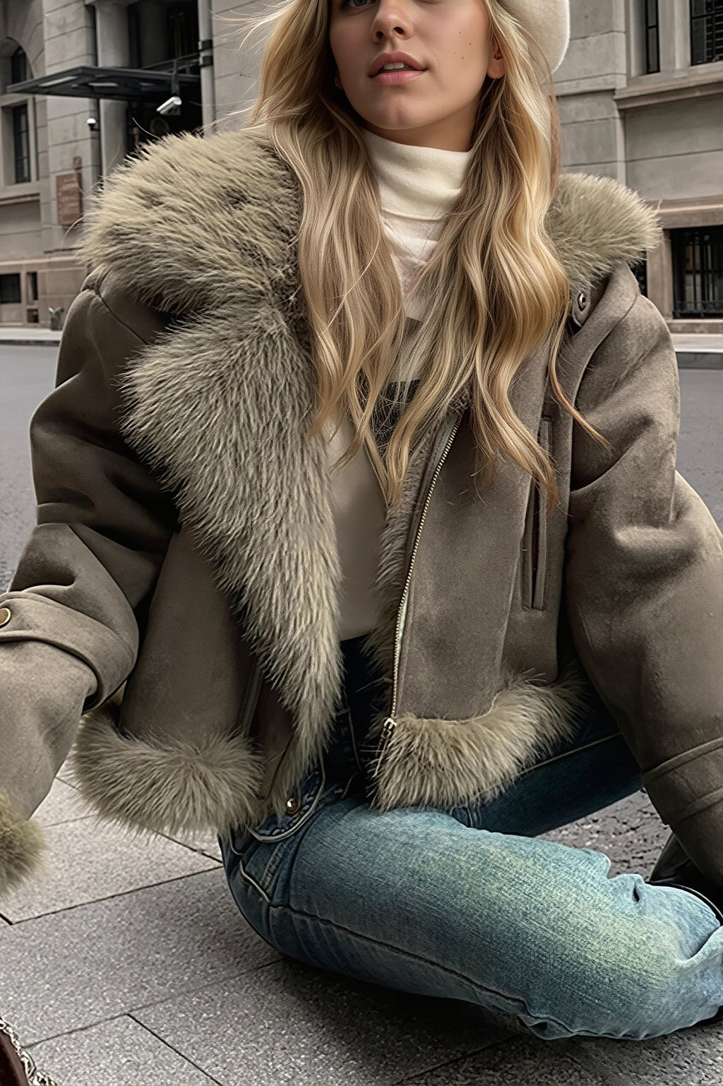 Lettice | Women's Cropped Aviator Jacket with Faux Fur Collar