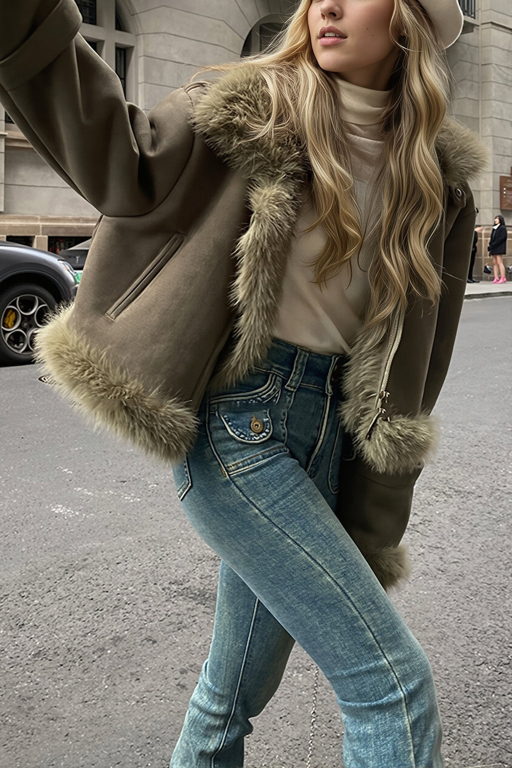 Lettice | Women's Cropped Aviator Jacket with Faux Fur Collar