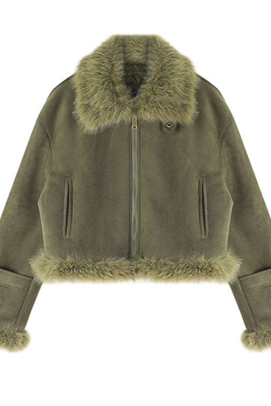 Lettice | Women's Cropped Aviator Jacket with Faux Fur Collar