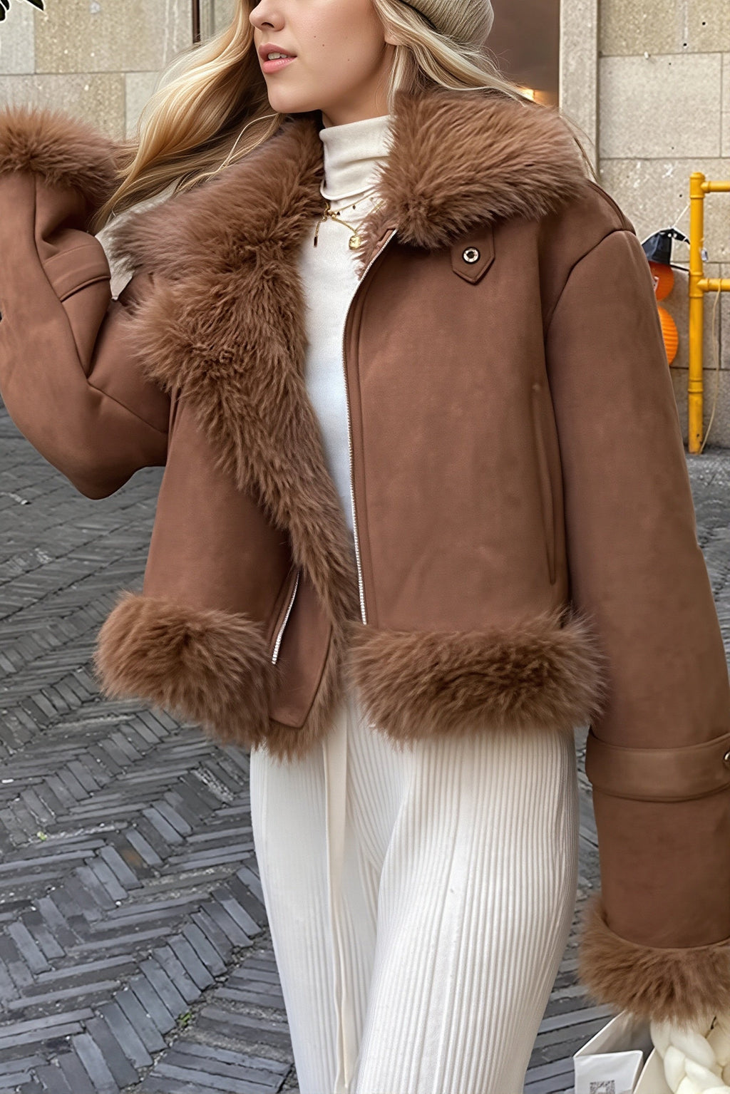 Lettice | Women's Cropped Aviator Jacket with Faux Fur Collar