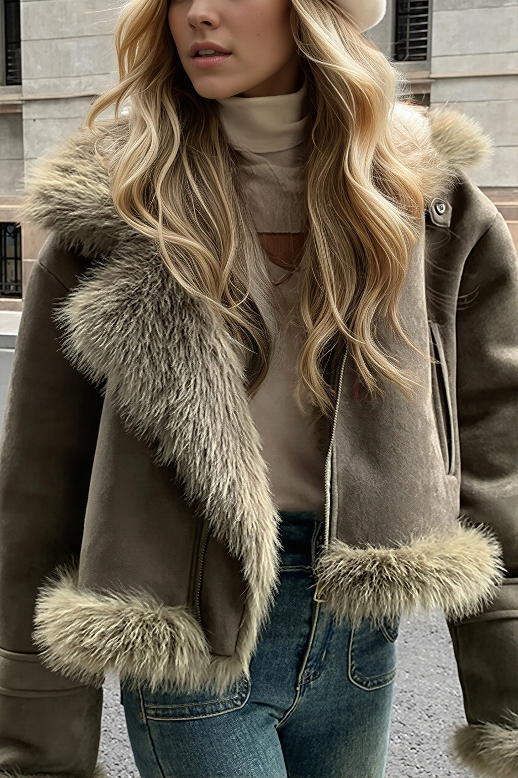 Lettice | Women's Cropped Aviator Jacket with Faux Fur Collar