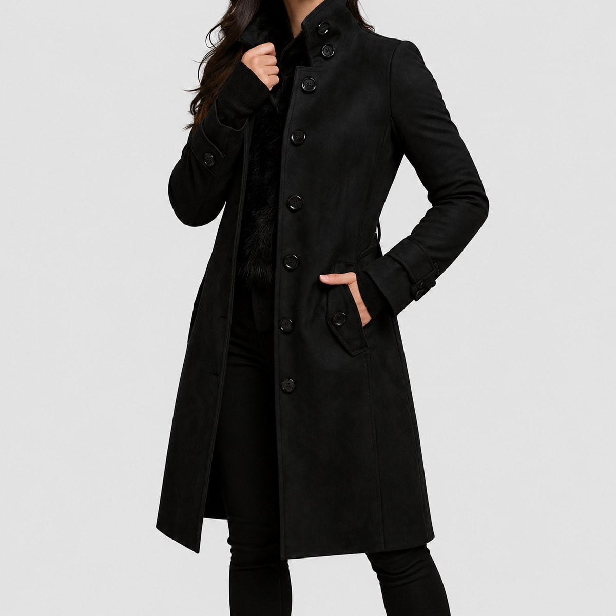 Women's High-Neck Tailored Trench Coat in Black — view 1
