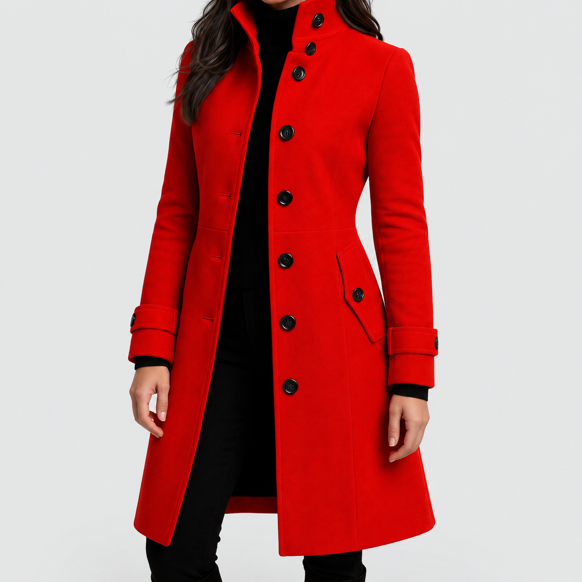 Women's High-Neck Tailored Trench Coat in Red — view 2