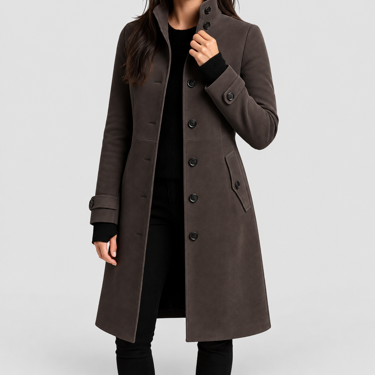 Women's High-Neck Tailored Trench Coat in Grey — view 3