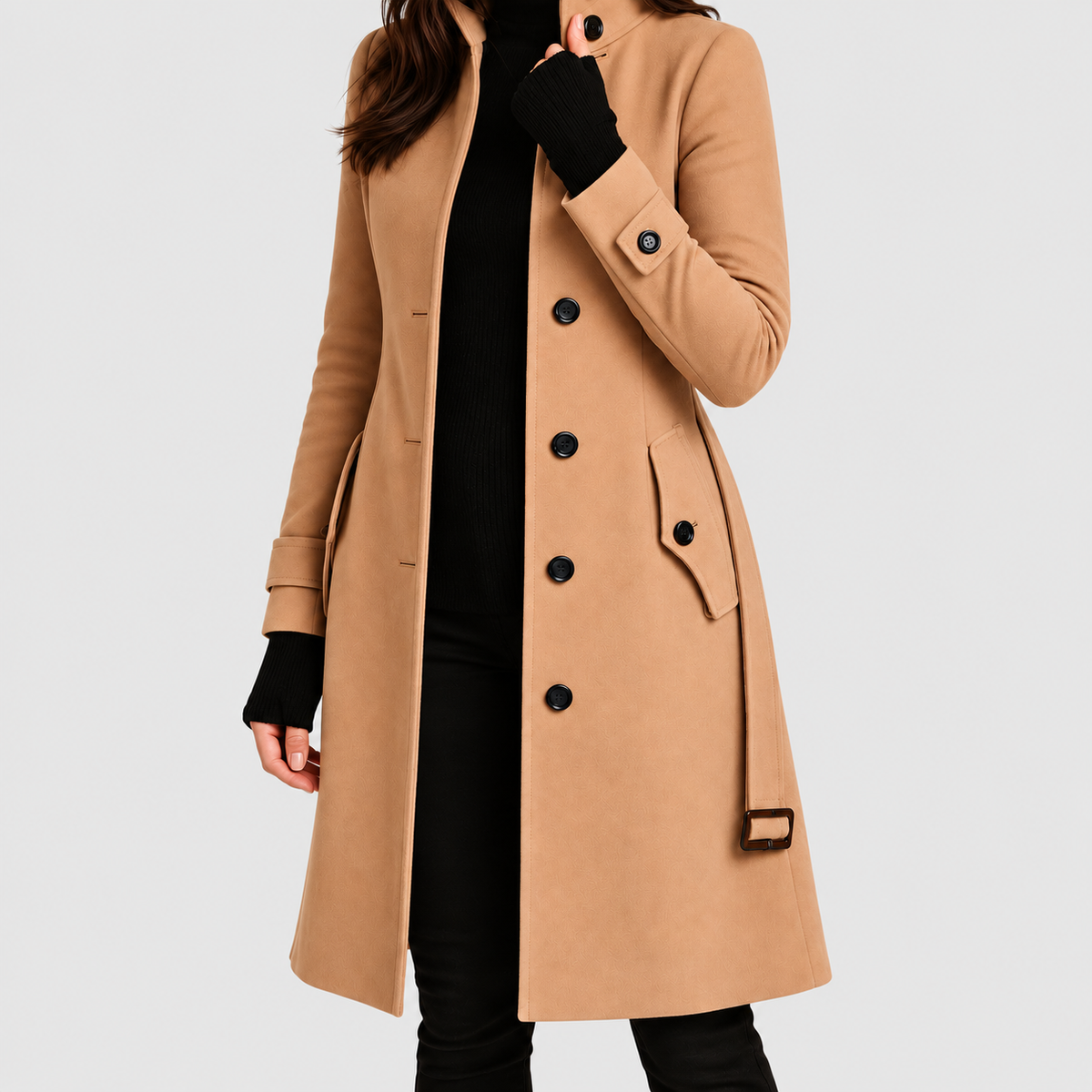 Women's High-Neck Tailored Trench Coat in Khaki — view 4