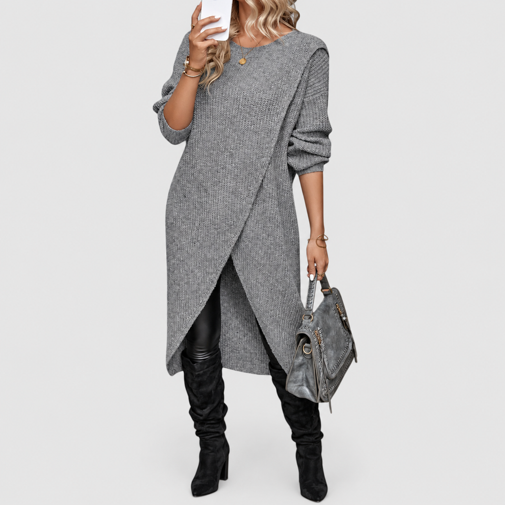 Women's Asymmetric Jumper Dress with Crossover Front in Grey — view 1
