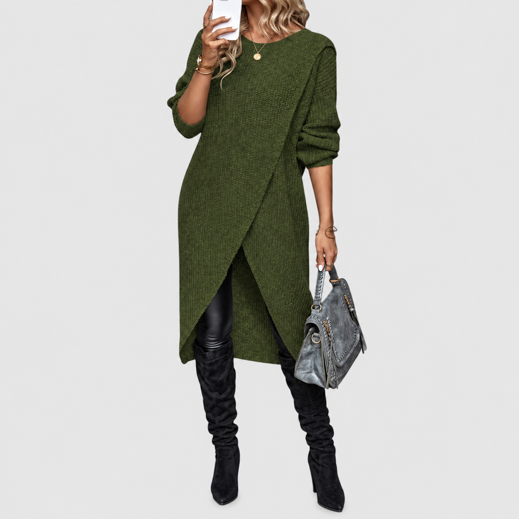 Women's Asymmetric Jumper Dress with Crossover Front in Green — view 2