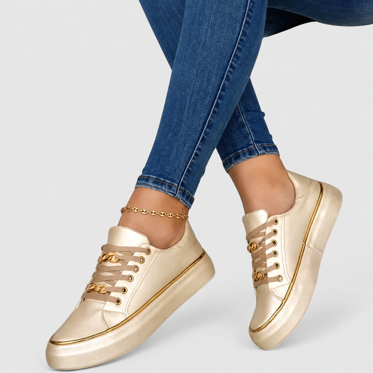 Women's Lace-Up Trainers with Chain Detail in Gold — view 3