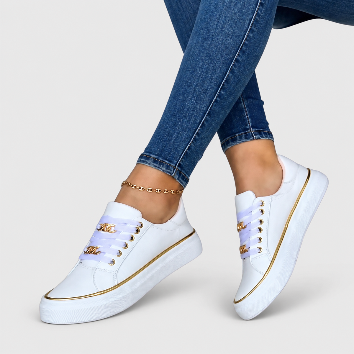 Women's Lace-Up Trainers with Chain Detail in White — view 5