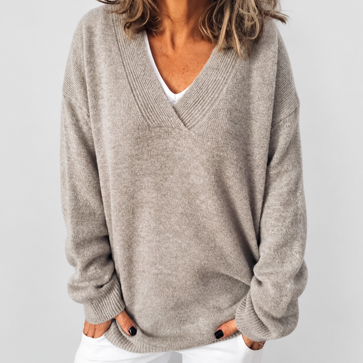 Women's Relaxed Deep V-Neck Knit Jumper in Beige — view 1