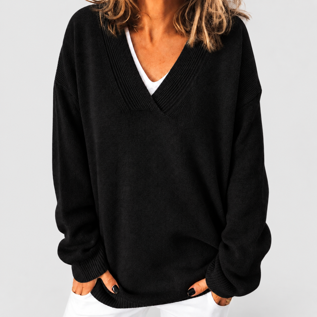 Women's Relaxed Deep V-Neck Knit Jumper in Black — view 2