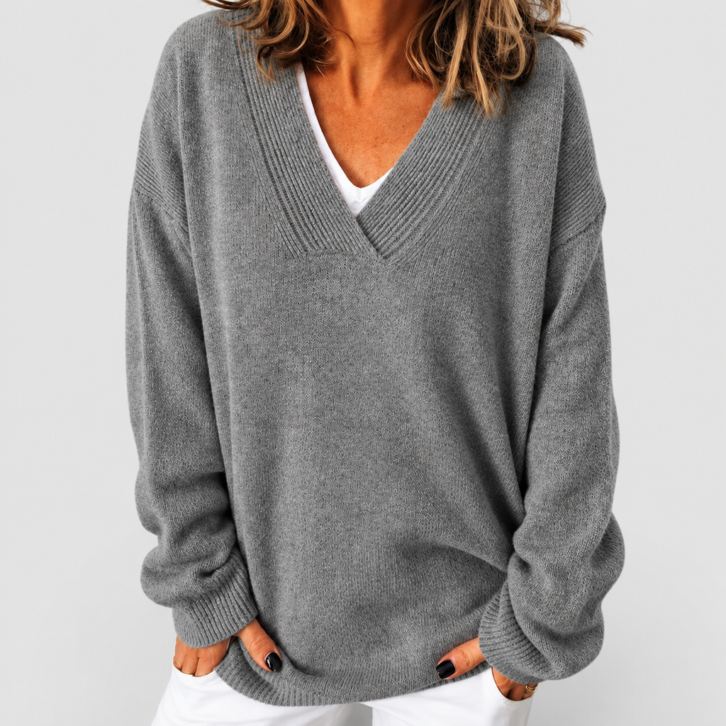 Women's Relaxed Deep V-Neck Knit Jumper in Grey — view 3