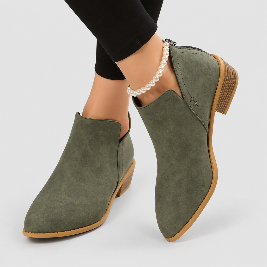 Women's Faux Suede Pointed-Toe Block-Heel Ankle Boots in Army Green — view 1