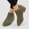 Women's Faux Suede Pointed-Toe Block-Heel Ankle Boots in Army Green — view 1