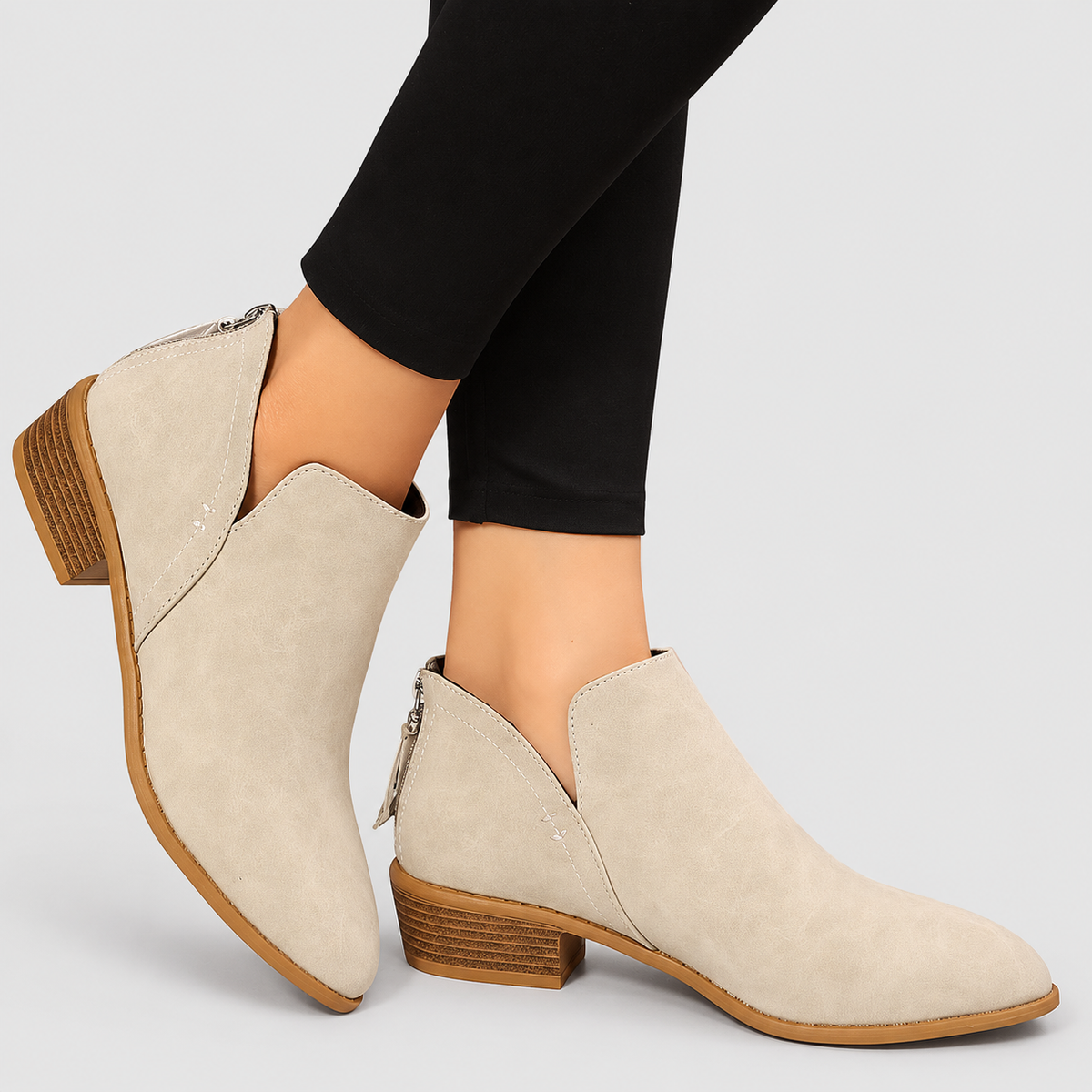 Women's Faux Suede Pointed-Toe Block-Heel Ankle Boots in Beige — view 2
